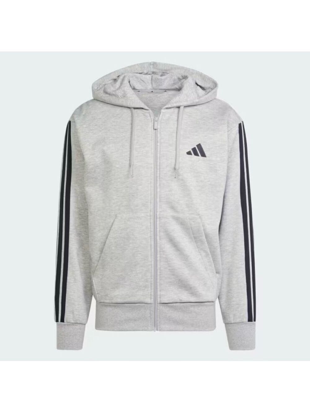 Adidas Essentials 3 Stripes Fleece Hoodie Light Gray With Black Stripes Large